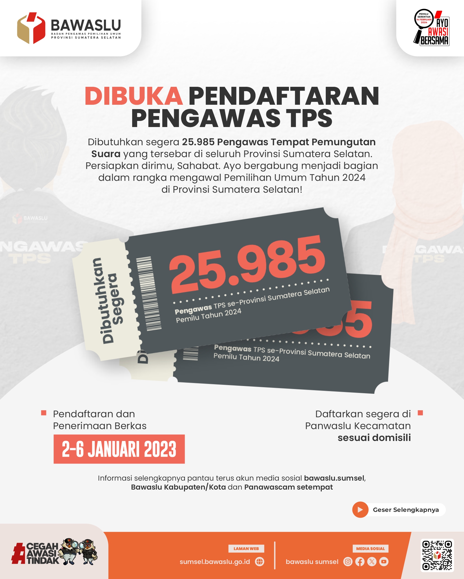 SEGERA DIBUKA! REKRUTMEN 25.985 PENGAWAS TEMPAT PEMUNGUTAN SUARA (PTPS) PROVINSI SUMATERA SELATAN