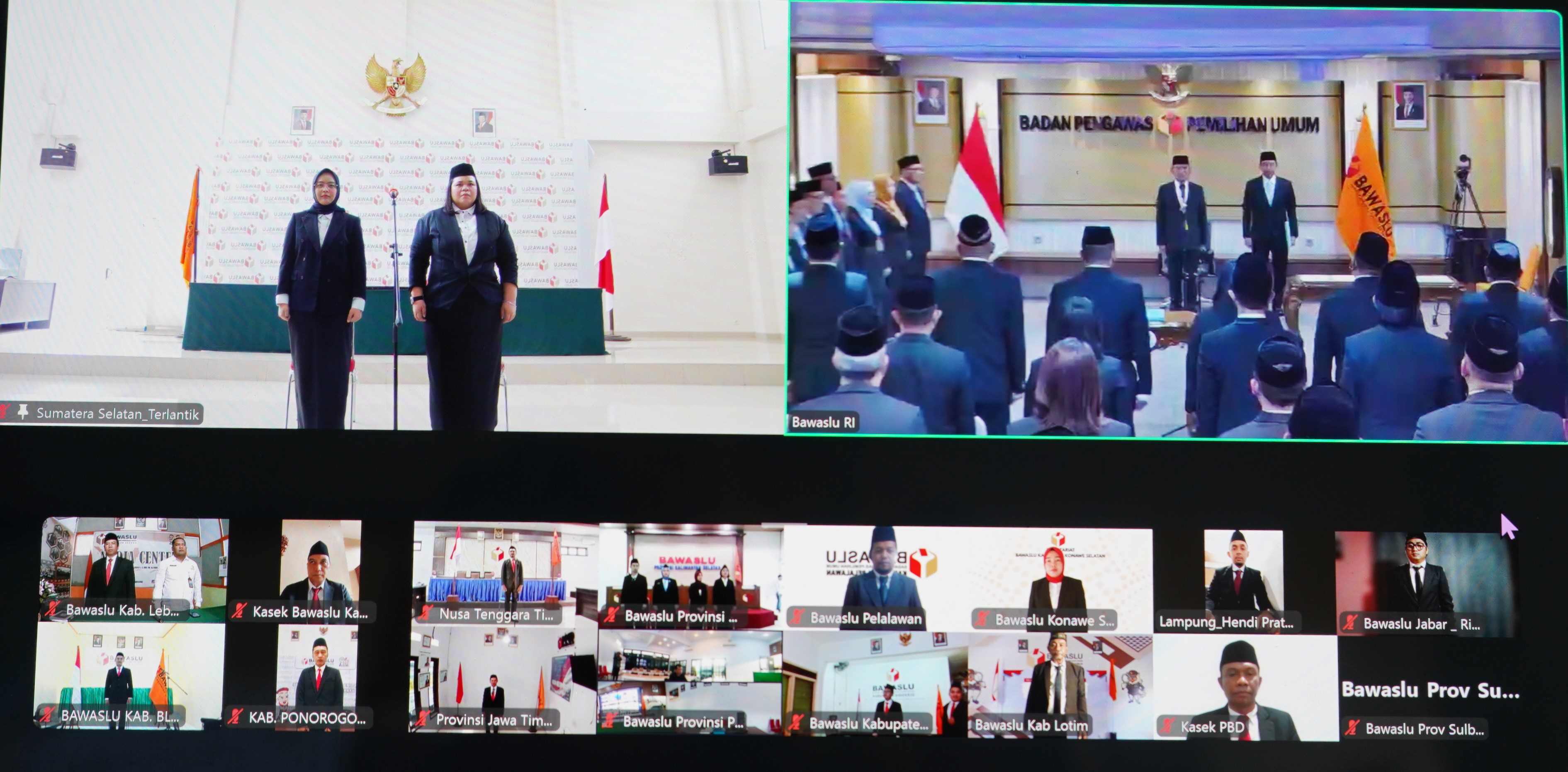 Proses rangkaian pelantikan serta pengambilan sumpah/janji jabatan administrasi dan fungsional yang digelar Bawaslu Republik Indonesia secara daring melalui Zoom Meeting, Jumat (6/2/2026).